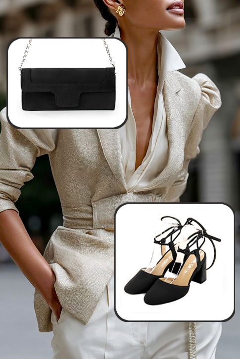 Women's matt black elegant closed-toe heels, with crossed straps. Round toe. High flare heels - Top view